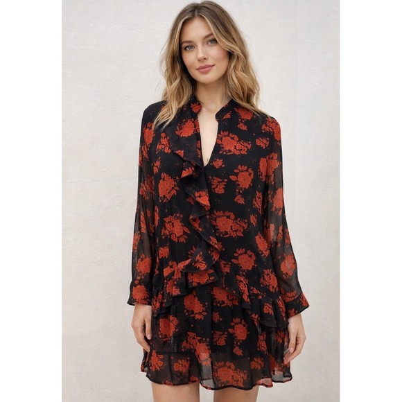 Zara Dresses & Skirts - Zara Floral Mini Dress Womens L Black Red Rose Ruffle V-Neck Long Sleeve Good